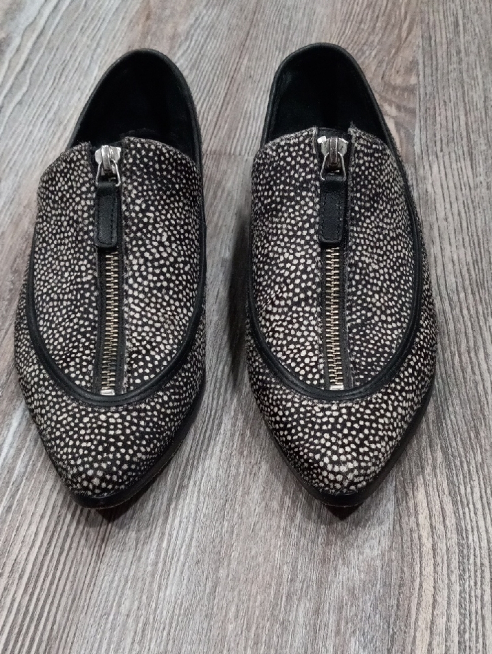10 Crosby Derek Lam Pointed Zip-Front Flats in Black and Cream Speckle